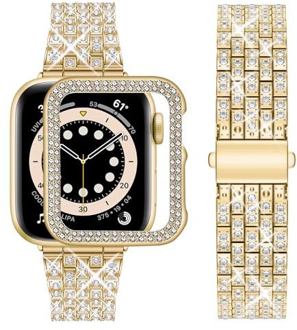 wutwuk Compatible Bracelet Apple Watch 45mm, Bling Métal Femme Brillant Bracelet de Montre avec Protective Coque, Remplacement de Bracelet avec Strass Diamant pour iWatch Séries 9/8/7 45mm