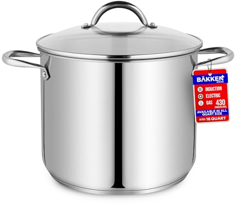 Stainless Steel Stockpot with Tempered Glass Lid 16 Quart, Durable 18/0 Stainless Steel, Impact-Bonded Base for Even Heating, Riveted Handles, Oven & All Stove Compatible, Safe Up To 500°F (260°C)