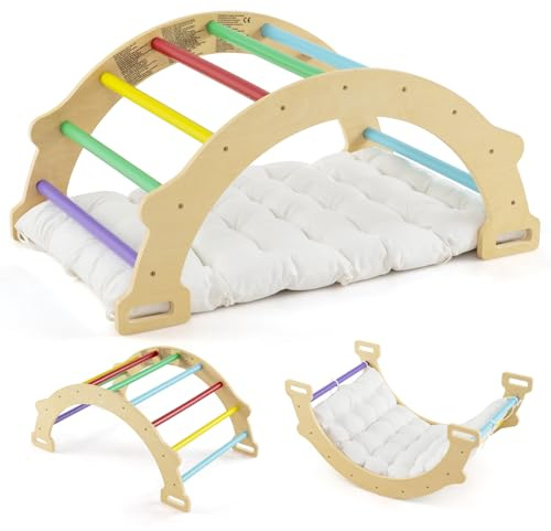 DREAMADE 2 in 1 Kletterbogen mit Kissen, Bogenwippe aus Holz, Holzwippe zum Klettern, Klettergerüst Indoor Kletterdreieck für Kinder ab 3 Jahren (Bunt)