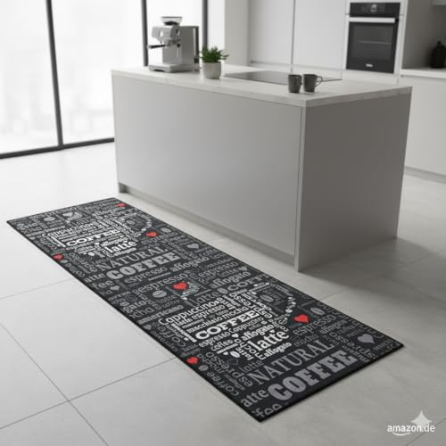 miqna Küchenteppich, Schwarz Küchenläufer, Weiß Schwarz Teppich küche rutschfest waschbar, Coffee Macchiato küchenmatte (Schwarz, 80 x 200 cm)