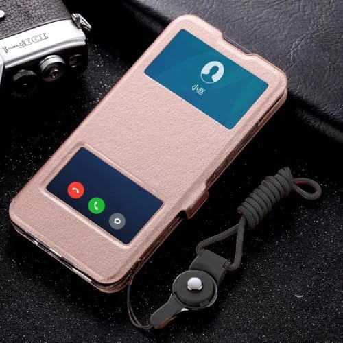 YVWUNH Für iPhone 14 13 Pro Max 12 11 15 Luxus-Lederhülle mit Fenster für iPhone15 13 14 Plus Flip Cover Stoßfeste Büchertaschen, Gold, Für iPhone 13Pro Max