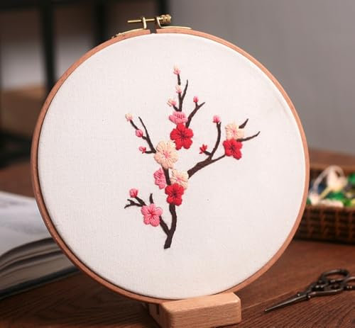 N.LANSHAN Sticken Für Anfänger Stickmuster Mit Roten Pflaumenblüten. 3D-Stickerei-Starter-Set „Fantasieblumen“ Mit Anleitung，Stickrahmen，Garn Und Werkzeug 30x30cm