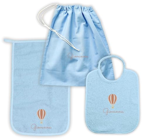 MAYRA Set Asilo Nido e Materna Personalizzato per Bambino e Bambina | Kit Bavaglino con Elastico o Laccetti, Asciugamano con Asola e Sacchetto Cambio | Ricamo Nome e Disegno | Made in Italy