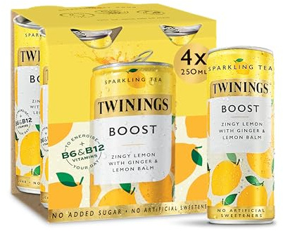 Twinings Boost Sparkling Tea, Lemon & Ginger, 4 x 250ml Cans | Non-Alcoholic, Low Calorie Soft Drink, No Added Sugar, No Artificial Sweeteners, Low Caffeine, Black Tea Infusion, Iced Tea