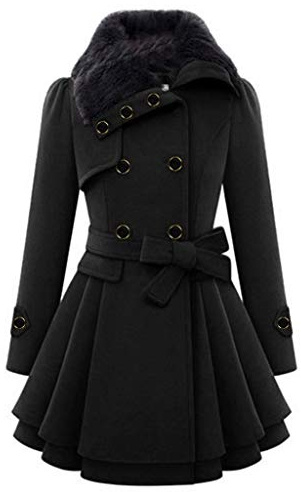 Damvinterkappa lång varm elegant, ullrock damer vinter: medellång trenchcoat, dubbelknäppta , stora storlekar, vintage ulljacka, vindtät kappa, övergångskappa, huvjacka, svart, S