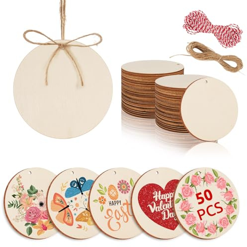 Philorn 50pcs Runde Holzscheiben zum Basteln | Unvollendete Kleine Holzscheibe mit Loch，Natur Holz Rund Holzplättchen für DIY Handwerk, Schnitzen, Malen, Hängende Deko
