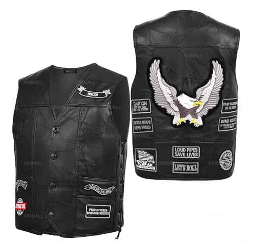 XINMALL Motorcycle Genuine Leather Biker Vest for Men Club Style Classic Black With Patches (US, Alpha, XX-Large, Regular, Regular, Black)