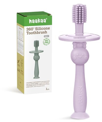 haakaa 360° Baby Toothbrush with Suction Base - Gentle Cleaning for Infant Self-Brushing Training, Sorft Food-Grade Silicone, Baby Teething Relief - Lavender, 1 Count