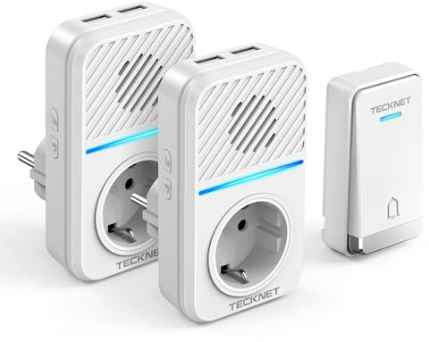 TECKNET Funkklingel Batterielose, Steckdosen Kabellose Türklingel, IP65 Wasserdicht Drahtloses Funk Türklingel mit 2 EU-Steckdose und 4 USB, 400m, 60 Laute Melodien, 5 Lautstärke Stufen, LED-Blinken