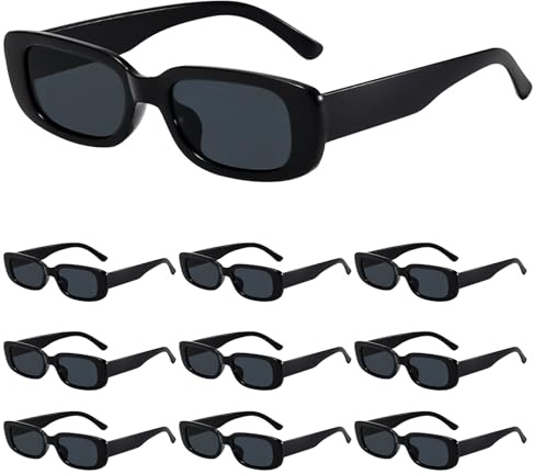 Spetsbst 10 Stück Vintage Sonnenbrille Damen Schwarz, Sonnenbrille Schmal | Rechteckig 90er Trendy Sonnenbrillen Set Sun Glasseswomen Rave Brille Damen
