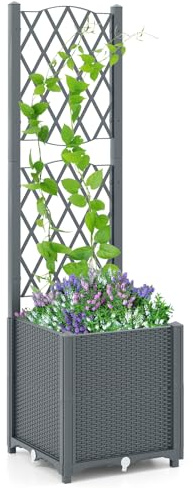 GOPLUS Blumenkasten mit Rankgitter, Hochbeet mit Spalier für Kletterpflanzen & Topfpflanzen, Tiefes Pflanzbeet mit Drainagelöchern für Balkon, Hinterhof & Garten (Grau,40 x 40 x 140 cm)