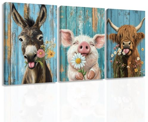 ZXHYWYM 3 teiliges Leinwandbild mit Bauernhoftieren lustiges Hochlandrind Esel Schwein Gemälde Tier und Blumenbilder Bauernhaus Heimdekor gerahmt (40x60cmx3)