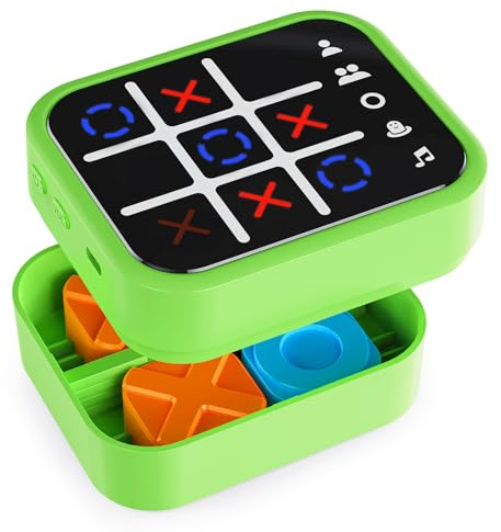 Anoawens Wiederaufladbare Tic Tac Toe Spiel Box mit 5 Spaß Gehirn und Gedächtnis Spiele, Handheld Puzzle Spielkonsole, Tragbare Reise Spiel Altersgruppen 3+ (Grün)