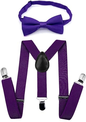 JZK Set di papillon e bretelle per bambini sotto i 135 cm, bretelle regolabili a forma di Y con papillon per bambini piccoli per matrimoni, feste, costumi, Viola scuro, Taglia unica