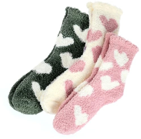 CIATBYYJ 3 Paar Kuschelsocken Damen, Warme Flauschige Socken, Weiche Wintersocken aus Korallenfleece, Atmungsaktiv Kuschel Schlafsocken, Haussocken für Winter, Weihnachten als Geschenke (Herz-Muster)