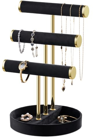 bussdis Bracelet Holder Jewelry Organizer Display - 3 Tier T Bar Velvet Stand, Black Necklace Holder Organizer, Bracelet Holder, Earring Holder and Ring Display for Jewelry Organizers and Storage