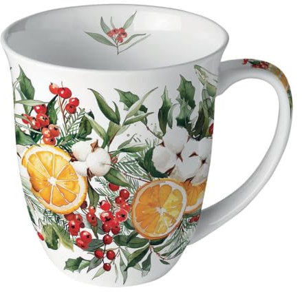 Ambiente Tasse Porzellan 0,4 l Jumbotasse Henkelbecher Kaffeetasse Teetasse Weihnachtstasse Orangen Zweige