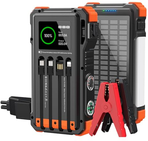 Uukto Solar Power Bank 12000.0 mAH, 45W Fast Charging with 4 Built-in Cables & Automotive-Grade Cells, Jump Starter, 12V Battery Booster Pack with Smart Display,Gift for Men, Orange