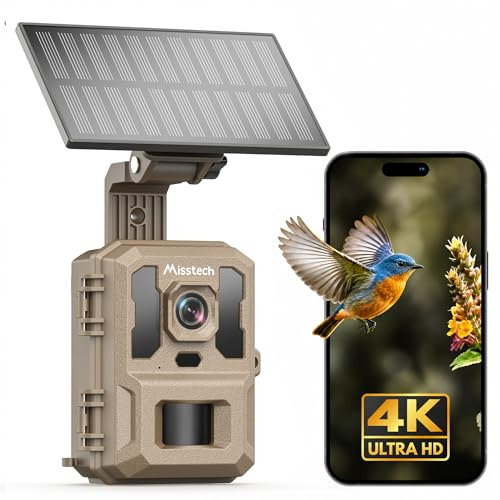 Misstech 4K UHD Solar Wildkamera mit Handyübertragung App, Klare Nachtsicht | Ohne Abo, Lokal Gespeichert, 4K 64MP Solarbetriebene Wildtierkamera mit 0,1s Bewegungsmelder, IP66 für Garten & Naturschutz