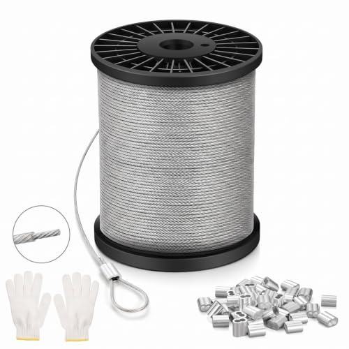 NZNSML Wire Rope Stainless Steel 2 mm, 50 M Wire Cable Heavy Duty | 7x7 Strand Core Garden Hanging Cable with Aluminum Crimping Clamps Loop Sleeve for Hanging Pictures Clothes Line Garden