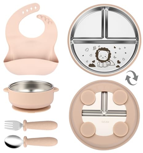 OXYEFEI Edelstahl Teller Baby, Kindergeschirr Set mit Tiermotiven | Baby Teller mit Saugnapf Geburtstagsgeschenke für Babys, Taufgeschenke (Beige, Löwe)