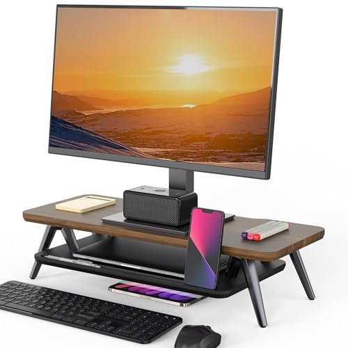 Fenge Monitorständer, für Laptop PC TV, Monitor Stand, Braun, 60cm | Bis 40kg, Ablagefach für Telefon/Tablet/Stift, Kabel-Mgmt. Alufüße, Für Bildschirm Computer Drucker Schreibtisch Büro Zuhause