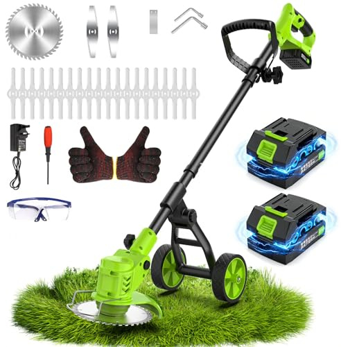 Electric Weed Wacker Cordless with Wheel, 4 in 1 Weed Eater Battery Powered Brush Cutter String Trimmer Edger, 4000mAh Stringless Weed Trimmer Lightweight Grass Trimmer Mower, 2 Battery and Charegr