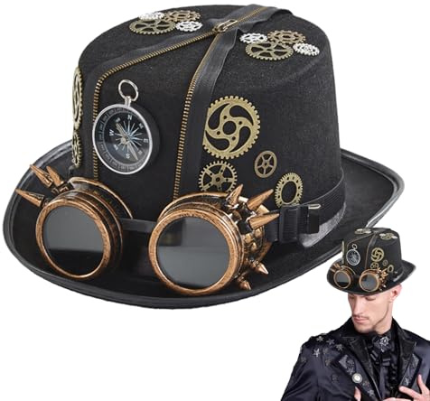 DzpKrka Gothic Steampunk Hüte, Gothic Steampunk Zylinder Hut Mit Brille, Retro Kostüm Cosplay Zylinder Für Damen Herren, Ausgefallenes Zeitreisender-Kostüm, Steampunk-Zubehör Für Karneval, Mottoparty