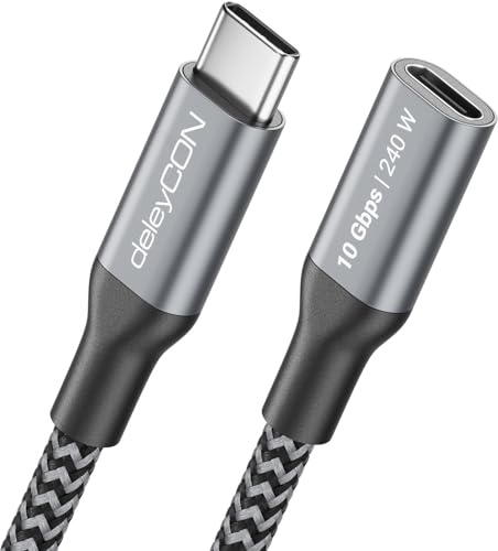 deleyCON 0,5m Prolunga USB-C 240W 10 Gbps Corta (USB 3.2 Gen2) PD 3.1 Ricarica Dati 4K@60Hz per iPhone 17 16 15 Pro Max Air Galaxy A16 A26 A56 S26 S25 S24 iPad SSD HDD MacBook PS5