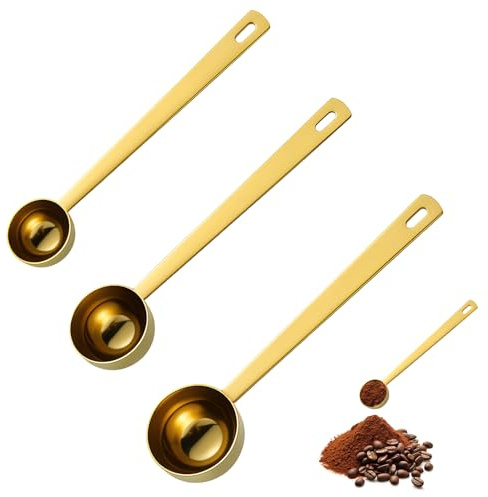 KEJOL Juego de 3 cucharas medidoras, acero inoxidable, mango largo, 5ml 10ml 15ml, para café molido, té, polvo, dorado