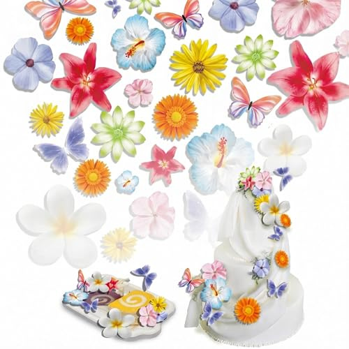 60 Pcs Edible Butterfly & Flower Cake Decorations, 3D Glutinous Wafer Paper Cupcake Toppers for Wedding Birthday Baby Shower Party Dessert Decor (Multicolor)