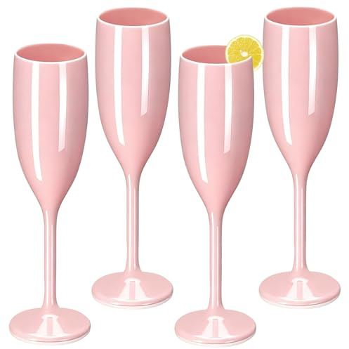 YIChongDan 4Pcs Champagne Flutes 170ml, Unbreakable Prosecco Wine Glasses Premium Reusable PP Champagne Glasses Elegant Pink Prosecco Flutes for Wedding Bridal Shower Cocktail Party Intimate Dinner