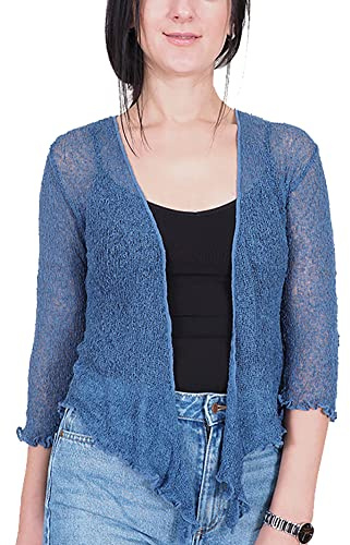 Mimosa Dambolero i virkat glitter eller i vanlig stretchspets, fisknät, baliknut i midjan, öppen cardigan, Mörk denim, en storlek