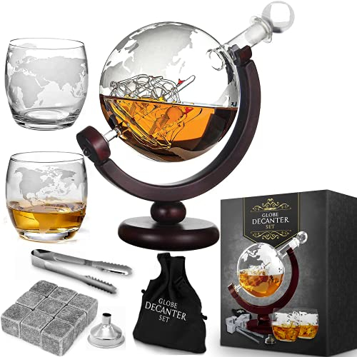 Mikamax – Globe Decanter – Set Di Decanter Per Whisky 900 ml – Set Di Whisky Fatto A Mano – Include 2 Bicchieri Da Whisky – 9 pietre di whisky – custodia, pinza a imbuto incluso - Set Di Decanter