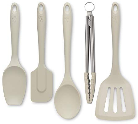 Zeal JSET45C Non-Stick Silicone Cooking Tongs, Turner, Spatula Spoon & Cook Spoon 5-Piece Set-Cream