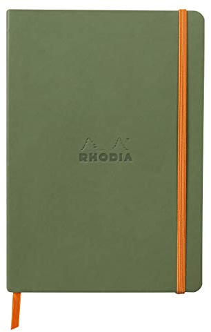Rhodia 117374C - Notizheft Softcover Rhodiarama DIN A5 (14,8x21 cm), 80 Blatt, liniert Clairefontaine Papier Elfenbein 90g Lesezeichen, Gummizugverschluss, Cover aus Kunstleder Salbei, 1 Stück