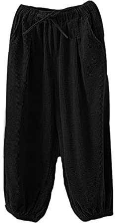 FTCayanz Pantalon Femme Velours côtelé Ample Sarouel Coton Tapered Trousers Élastiquée Taille Bloomers Pants Noir XL