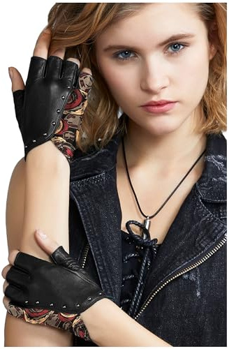 FIORETTO Womens Punk Fingerless Leather Gloves for Driving Motorcycle Unlined Half Finger Sheepskin Black-red Large