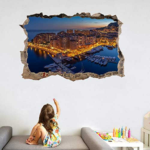 3D Wandaufkleber, Stadtbild Durchbruch Wandtattoos Deko Wand Selbstklebend Pier B 90 x H 60 cm, Wand Aufkleber Wanddurchbruch Wandsticker für Zuhause, Badezimmer, Schlafzimmer, Wohnzimmer