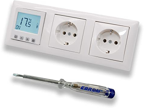 Halmburger Raumthermostat Raumtemperaturregler ERD-55rg DIGITAL in Busch Jäger Balance SI alpinweiß 3f Rahmen + 2 x Steckdose 20EUC-914 + EBROM Phasenprüfer zur Montage der Geräte, Fußbodenheizung