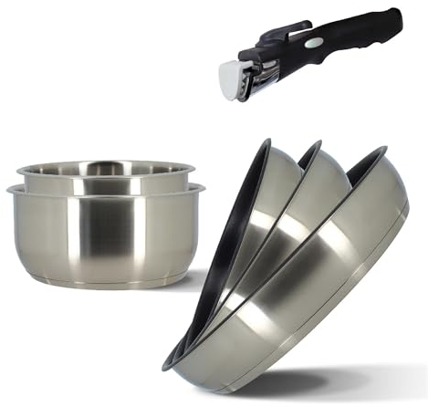 MENASTYL - Batterie de cuisine amovible 6 pièces en inox IRIS - 3 poêles + 2 casseroles + poignée amovible sécuritaire - Tous feux dont induction - Acier inoxydable - Sans PFOA/Sans BPA - 7930018