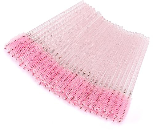Tbestmax 50 Pcs Disposable Mascara Wands, Crystal Eyebrow Spoolies Brush for Eyelash Extensions, Pink Eye Lash and Makeup Brush