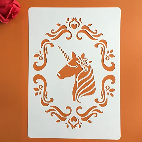 Wiederverwendbare Schablonen zum Malen auf Holz, A4, 29 x 21 cm, Einhorn, Mandala, Zeichnung, Kunstvorlage für Scrapbooking, wiederverwendbare Schablonen, Wanddekoration