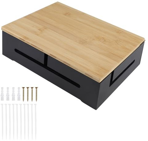 DBREAKS Scatola per la gestione dei cavi, in legno, scatola per l'organizzazione dei cavi con coperchio magnetico in bambù e fascette per cavi, scatola per cavi a parete, scatola per cavi (nero)