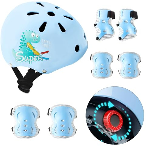 Kids Bike Helmet Knee Elbow Pads Wrist Guards Blue Dinosaur Protective Gear Set Adjustable Toddler Helmets for Ages 3-5-8 Girls Boys for Skateboard Cycling Bike Roller Skating Scooter Outdoor Sport