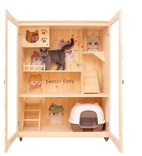 Katzenhaus katzenvilla Katzenkäfig Villa Home Indoor Katzenhaus Holzschrank Regal Katzennest Extra großer Raum Haustierhaus Universell for alle Jahreszeiten Katzenhütte