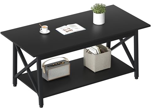 GreenForest Soffbord med förvaring, 99 cm moderna soffbord för vardagsrum, X-Frame design bondgård svart soffbord platsbesparande vardagsrumsbord, enkel montering, svart