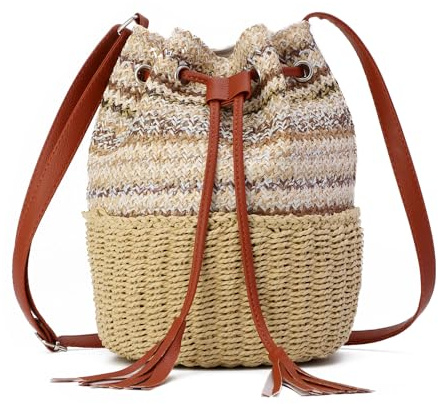 EVEOUT Damen Stroh Eimertasche Umhängetasche Sommer Kordelzug Körbchen Strand Schultertaschen Gewebte Handtasche für Urlaub