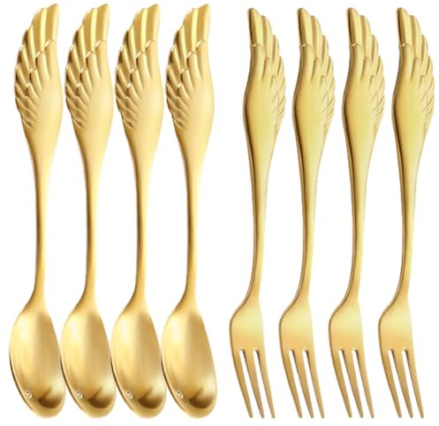 Pleafind 8PCS Coffee Tea Spoons Cake Forks, Stainless Steel Gold Wing Shape Small Dessert Forks Ice Cream Teaspoons Stirring Milk Spoon Gifts for Men, Christmas Birthday Men Gifts, Dishwasher Safe