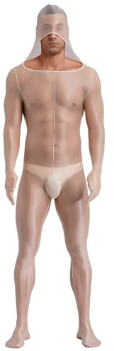 CHICTRY Mens Oil Glossy Bodystocking Hooded Full Bodysuit Unitard Zentai Costume Jumpsuits Shapewear Nude XL